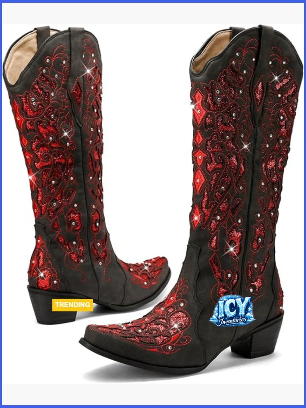 Mid Calf Cowboy Boots with Rhinestone Accents, Chunky Heel Western Boot,